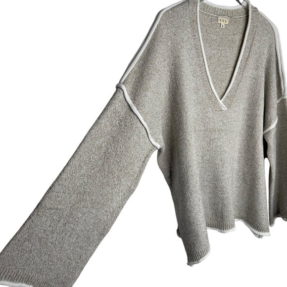 Beige POL Womens V-Neck Oversized Knit Sweater Women’s Large‎ Cozy Soft Lounge - Picture 3 of 7
